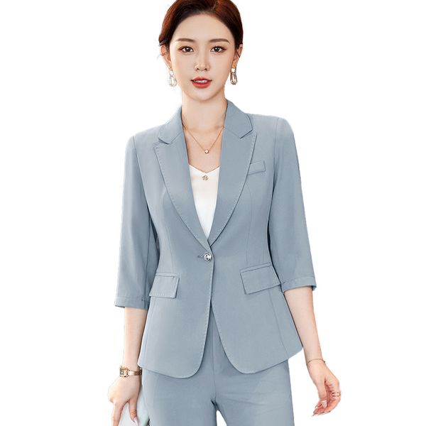 Abiti da donna Blazer Primavera Estate Donna Blazer grigio Abiti da lavoro da donna 2 pezzi Pantaloni e top Set giacca a mezza manica Stile uniforme da ufficio 230316