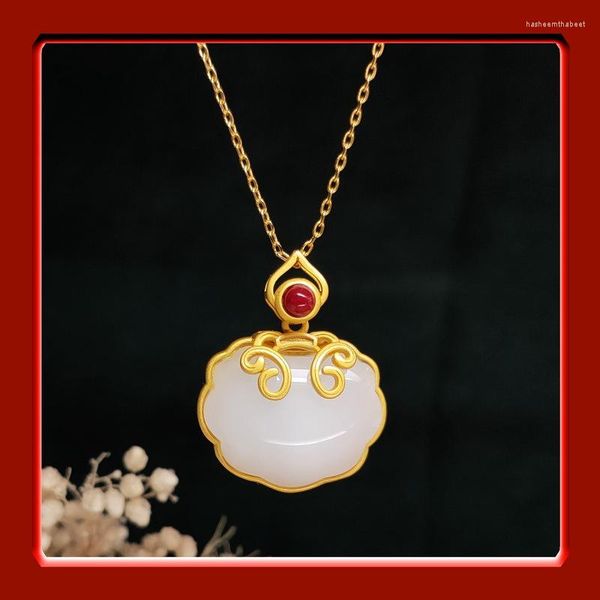 Anhänger Halsketten YH Blattgold Sicherheitsschloss und Tian Yu für weibliche chinesische Stil Retro weiße Jade