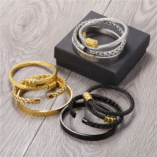 3pcs/set homens pulseiras de ouro sólidas cor de aço inoxidável de aço inoxidável, pulseira de aço inoxidável, pulseira de metal pesado escuro do numeral escuro para homens presentes para mulheres presentes