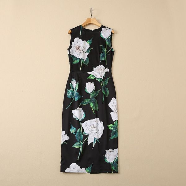Летнее рукавочное платье с круглой шеей Черное цветочное принт роз 16 мм натуральные настоящие шелковые шелковые элегантные повседневные платья 22q242142