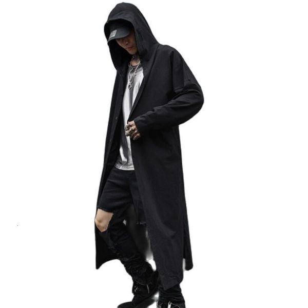 Trench da uomo Primavera estate uomo nero sottile punk rock hip hop trench con cappuccio giacca lunga da uomo stile gotico mantello vintage hiphop cardiagn 230316