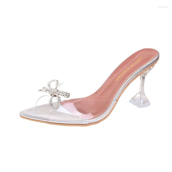 Отсуть туфли женщин Фуксия Розовый ПВХ высокий каблук Стилетто заостренные ноги Прозрачные свадебные насосы Дизайнерская банкетная обувь