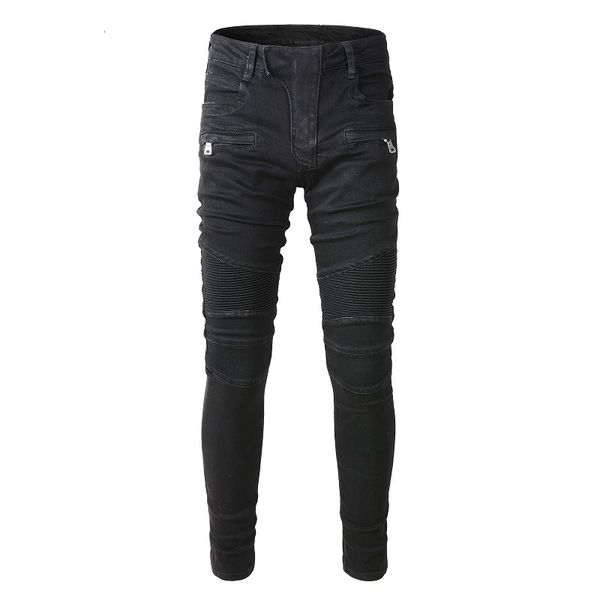 Jeans masculino jeans preto calça rasgada de motocicleta esbelta costelas de motocicleta zíperes esticados jeans jean calças pretas tamanho 28-40 230316