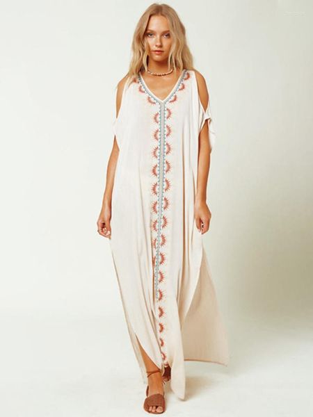 Damen-Badebekleidung, weiße Strandkleider, kalte Schulter, Maxi-Robe, bestickte Kaftane für Damen, Badeanzug, Überzug, Sommerurlaub, Pareo-Badeanzug