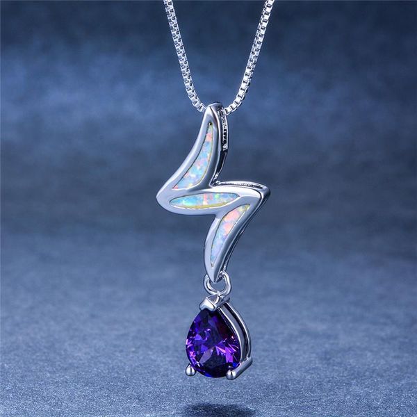 Collane con ciondolo Simpatico Boho femminile Grandi pendenti con goccia d'acqua viola Collana con opale di fuoco blu bianco Colore argento per donnaCiondolo