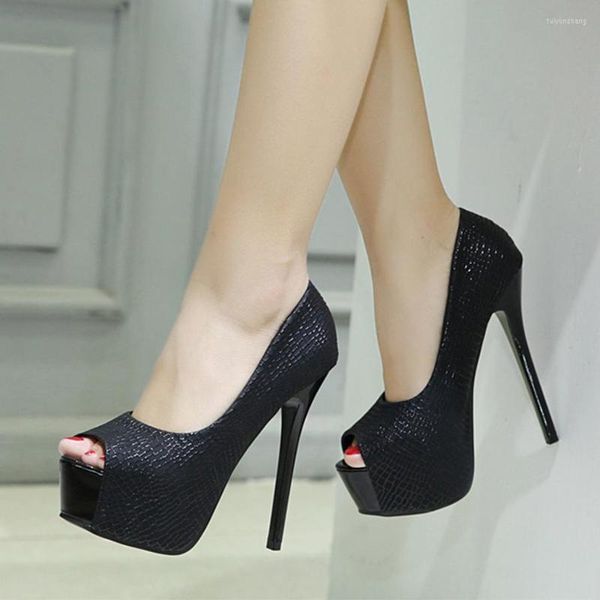 Elbise ayakkabıları 2023 Sonbahar Kadın Seksi Timsah Desen Sığ siyah Beyaz Peep Toe Platform Stiletto Yüksek Topuklu Bayanlar Pompalar