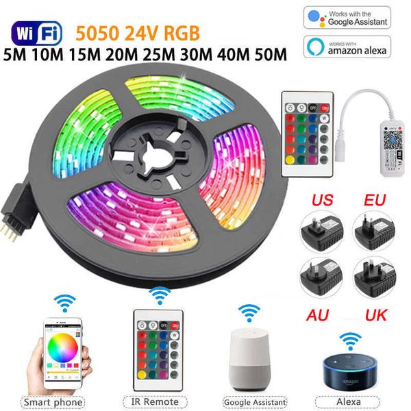 Tiras de LED Luz de tira LED para quarto 24V Wi -Fi Bluetooth RGB Fita Light Lights Color for Decoration Christmas Neon Lights 25m 30m 40m 50m P230315