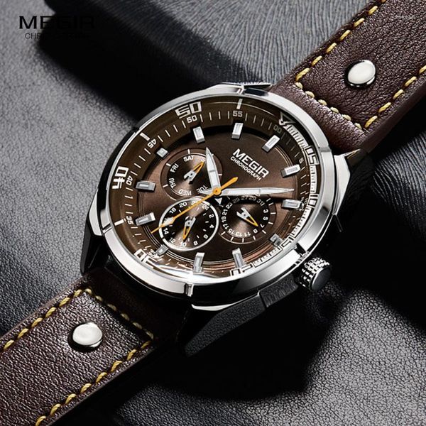 Orologi da polso MEGIR Orologio da uomo Top Calendario Settimana Orologi da uomo Sport militare Cinturino in pelle dell'esercito Classico orologio da uomo al quarzo