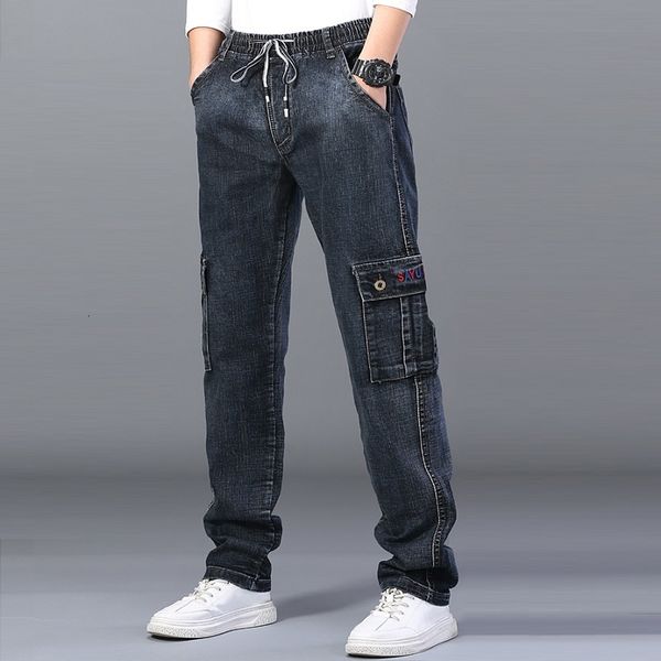 Jeans da uomo Jeans a vita alta da uomo Pantaloni Dinem dritti di grandi dimensioni Jeans neri da uomo Tasche laterali multitasche Pantaloni cargo larghi elastici blu 230316