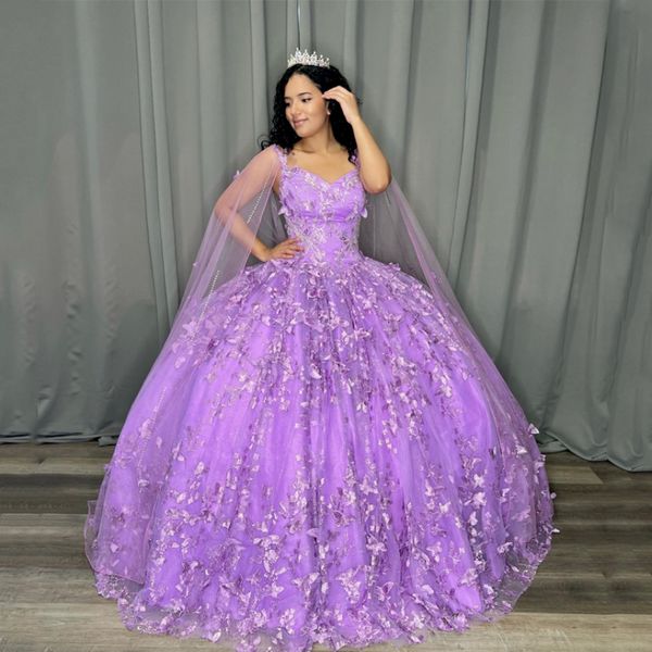 Lila Lavendel Prinzessin Quinceanera Kleider mit Cape 2023 Perlen Schmetterling 3D Schleife Schnürkorsett Vestidos Abendkleider