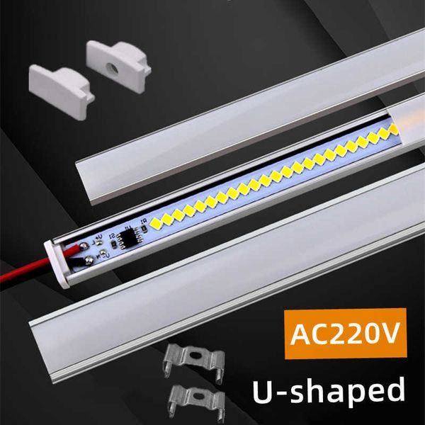 LED-Streifen, 0,5 m/Stk. AC220V, U-förmige LED-Leistenleiste, Aluminiumprofile, milchig/schwarz/klar, Abdeckungskanal unter Schrankrohr, lineare Beleuchtung, P230315