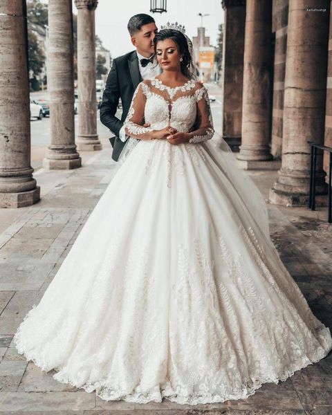 Abito da sposa Elegante abito da ballo principessa Sweetheart Fiori 3D Applique Girocollo Maniche lunghe Abiti da sposa su misura