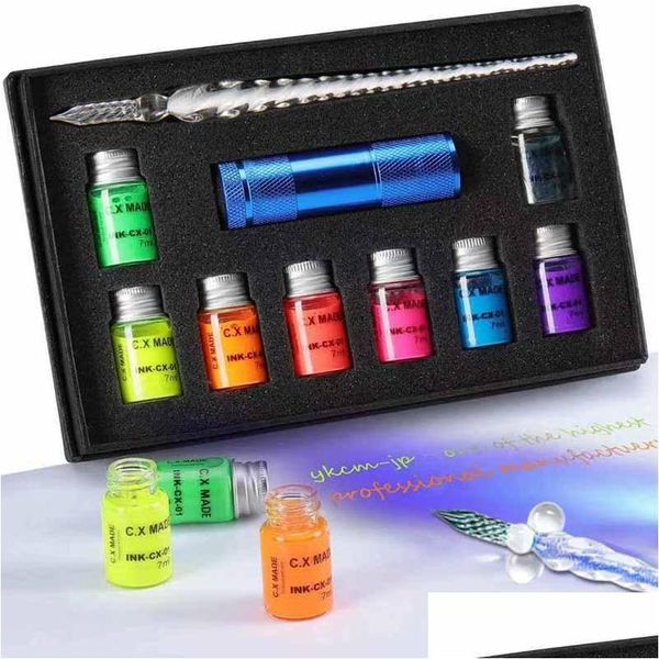 Caneta -tinteiro 10 PCs/caixa de vidro de cristal com lâmpada UV Invisível tintas de fluorescência Dipe Gifts Stationery Writing Ding Creative Suppl Dhvqi