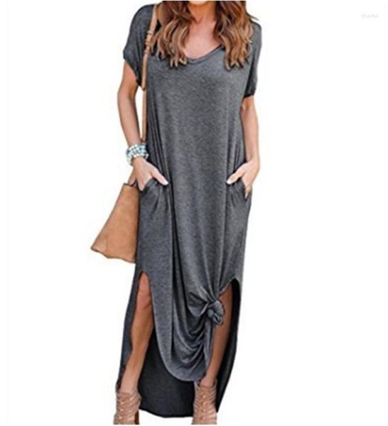 Vestidos casuais 2023 T-shirt Robe Mulher Vestido Maxi Manga curta Solid Long for Women Fashion Street Pink Gray