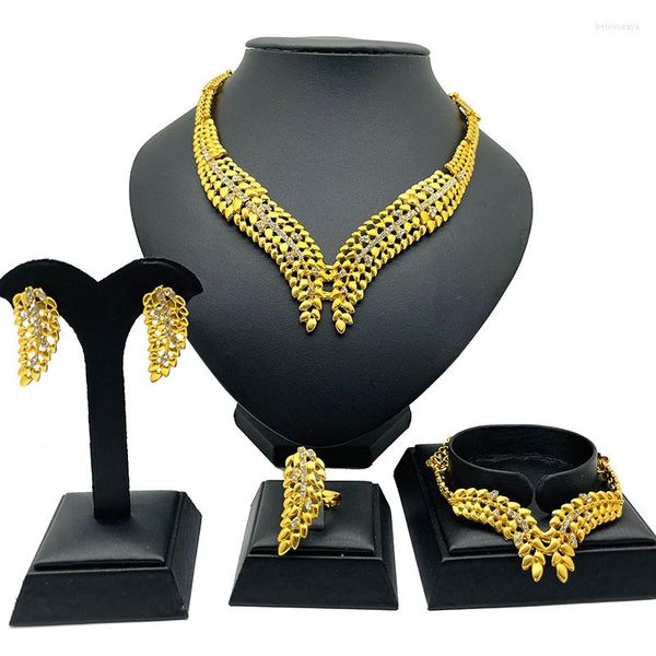 Halskette Ohrringe Set Dubai Afrikanische Äthiopien Mode Gold Farbe Schmuck Frauen Hochzeit Geschenk Indien Geschenke Ohrring Ring Armband Sets