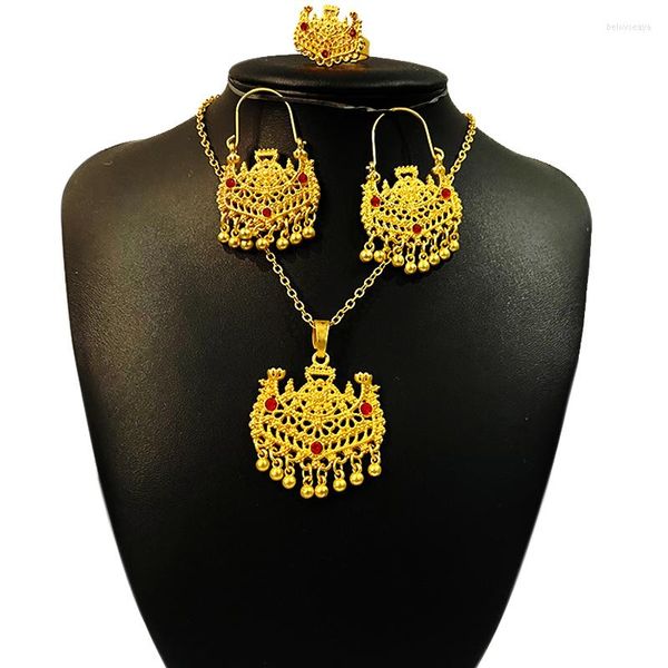 Halskette-Ohrringe-Set Dubai für Frauen, goldfarben, afrikanische Hochzeit, Brautgeschenke, Halskette/Ohrringe/Ring, Party-Schmuck