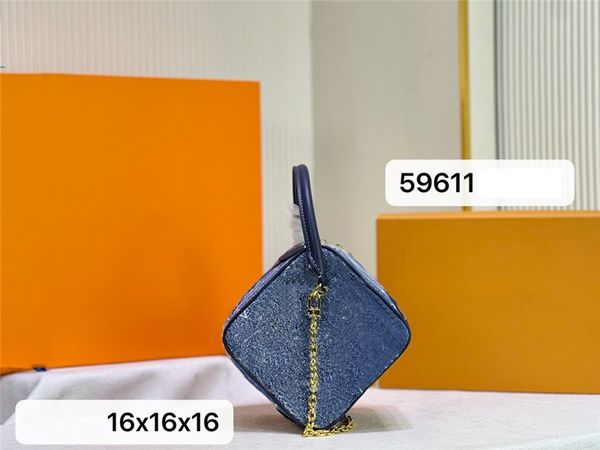 Designer Luxus Petite Malle Quadratische Tasche Marineblau Denim Kette Damen M59611 Geldbörsen Geldbörse Brieftasche Schulter Umhängetasche