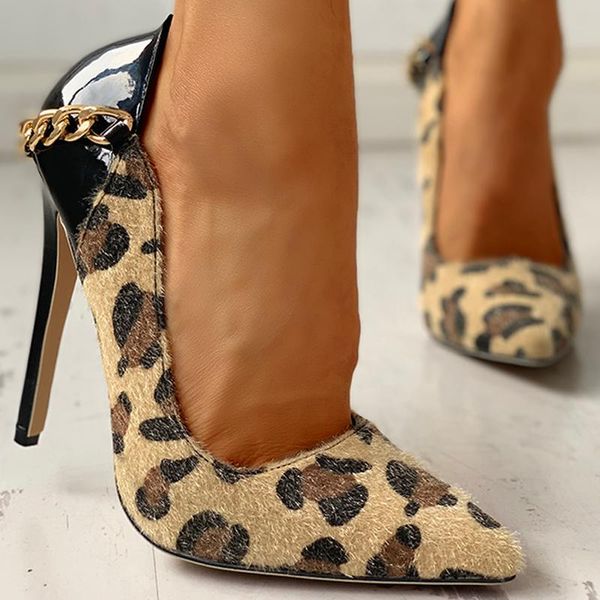 Платье обувь Lemai Fashion Leopard острые ноги Stiletto Women Metal Chain Cool Sex Sexy Party Thin Heel женщины