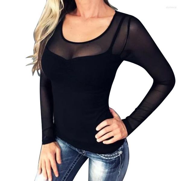 Camicette da donna Camicia a maniche lunghe da donna in stile coreano V profonda Scollatura a rete trasparente Camicetta da clubwear Tuta Tunica 2023 Top sexy autunnali