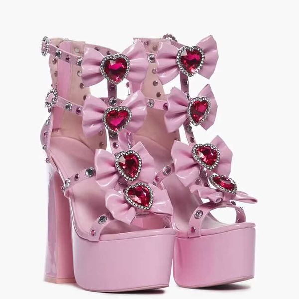 Lolita Block Heels Red Rhinestone Heart Decor Bowtie Sandali Multi Crystal Studs Strap Buckle Pink Cutout Donna Scarpe Zapatos 0316