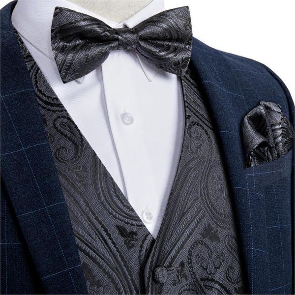 Gilet da uomo Nero Paisley Fashion Wedding Gilet di seta Gilet per uomo Bowtie Hanky Gemelli Cravatta Set Suit Tuxedo DiBanGu MJ-117