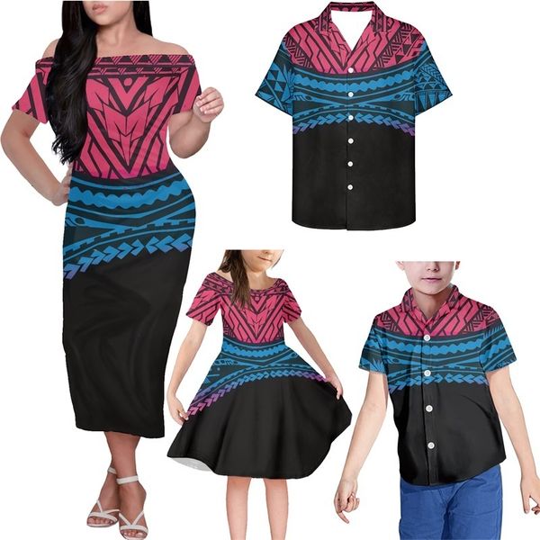 Passende Familienoutfits HYCOOL Drop 4-teiliges Familienoutfit Polynesian Tribal Ethnic Print Plus Size Mutter Tochter Kleidung Maßgeschneiderte Kleidung 230316