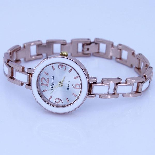 Нарученные часы бренд круглый модная женщина Женщина -девочка из розового золотого ремня Quartz платье на наручные часы с батареей O30 Bracelet Watch