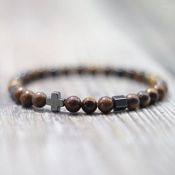 Braccialetti di fascino da uomo donna preghiera Bracciale di moda ematite croce bracloto 6mm tigre naturale tigra pietra di perline di perline jesus yoga gioielli