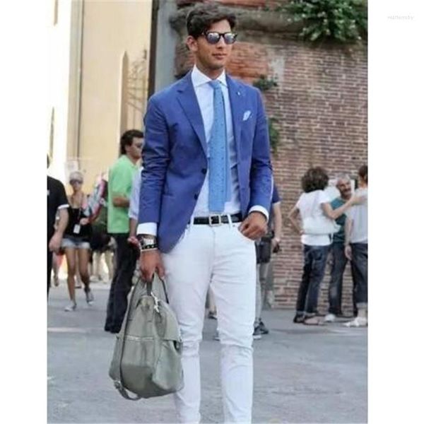 Abiti da uomo Casual Elegante Cappotto blu con pantaloni bianchi da uomo per matrimonio 2 pezzi (giacca cravatta) Slim Terno Masculino sposo bavero giacca