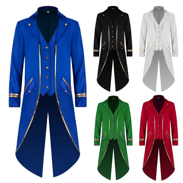 Herren-Trenchcoats, Halloween-Smoking, Herren-Gothic-Jacke, Steampunk-Frack, langer Mantel, Halloween-Mittelalter-Kostüm, Gehrock, Goldbesatz, passender Mantel 230316