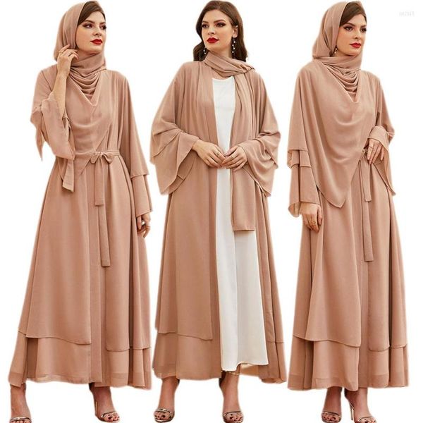 Abbigliamento etnico Chiffon aperto Abaya Kimono Dubai Turchia Islam Kaftan Abito musulmano Abbigliamento Abaya per le donne Robe Femme Caftan Ramadan Eid