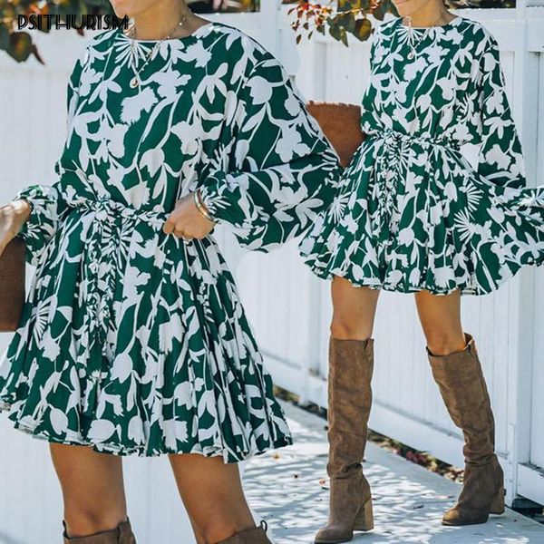 Повседневные платья PsThurism Fashion Boho Vintage Green Floral Print Loak Dress Women Holiday Stand Sashes Ladies Mini