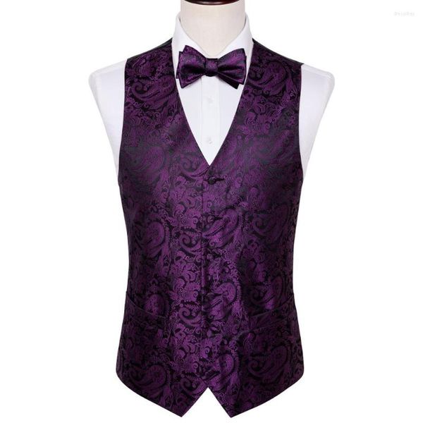 Gilet da uomo Viola Paisley Uomo Gilet da sposa Gilet Fazzoletto Floreale Self-Bowtie Jacquard Tessuto Farfalla Set Barry.Wang Design ML-2023