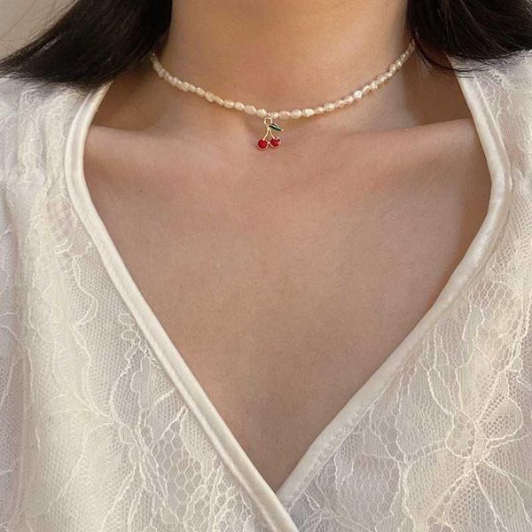 Подвесные ожерелья 2023 Корейский винтажный барокко натуральный жемчужный хокер милый вишневый ожерелье Простая тонкая цепь клавиля для женщин французские украшения
