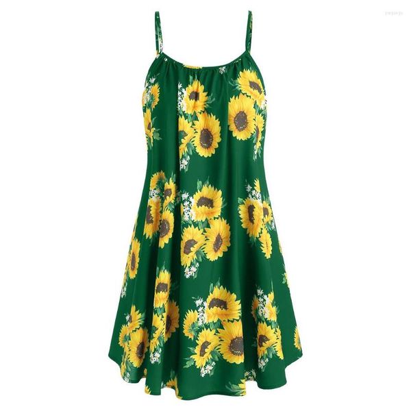 Lässige Kleider, modisches Damen-Minikleid mit ärmellosem, drapiertem Sonnenblumen-Druck und Riemen