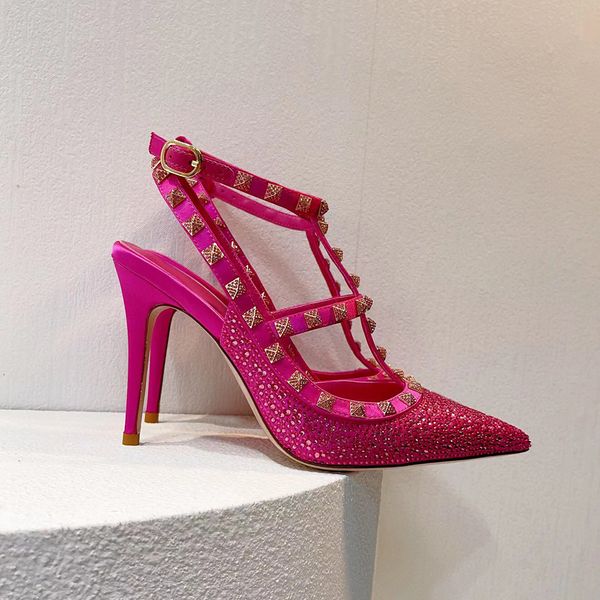Rhinestone süslemeli ayak bileği kayışı stiletto elbise ayakkabı pompaları kadın lüksler tasarımcıları için pompalar saten sandaletler toka 10cm yüksek topuklu parti düğün ayakkabı35-43