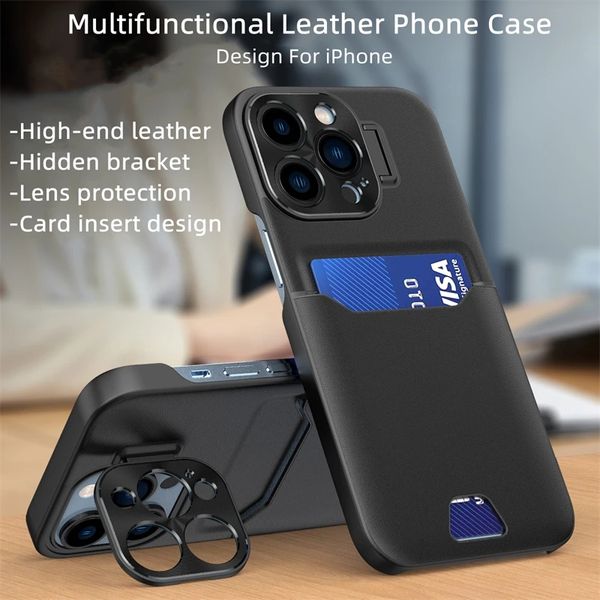 Luxushüllen Leder Kartenhalter Slot Unsichtbare Halterung Ständer Telefonhülle für iPhone 15 14 13 12 Pro Max Mini Metalllinse Schutzhülle Samsung S22 S23 Plus Ultra