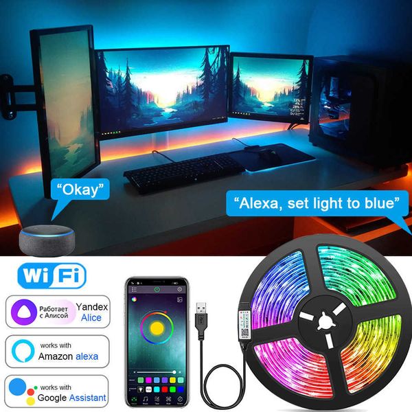 Tiras de LED WiFi LED Lights Lights Music Sync RGB 5050 LED Fita Alexa Smart Lights Strip for Party Room Decor TV Backlight P230315