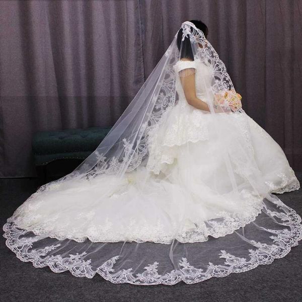 VEILOS BRIDAS ALTA QUALIDADE DE LACA MANTILLA DE LACA VEIL DE UMA CAMADA DOMENTO LONGO CASAMENTO DE IFFERRO BRANCO COM BIMA DE VOILE MARIAGEM 2023