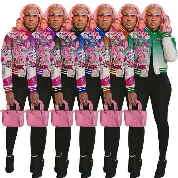 Designer mulheres jaquetas sobretudos 2023 novas letras padrão impresso botão bomber cor gradiente tops casacos multicolor
