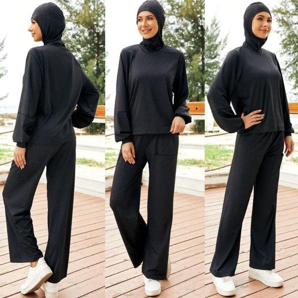 Этническая одежда Женщины мусульманские купальники полная крышка 3PCS Исламский хиджаб с длинными рукавами Топы широкие штанины набор для ног спортивная одежда купальники буркинс купаль