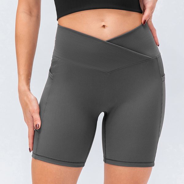 LL Yoga Şort Ribber kadın Spor Dikişsiz Çapraz Bel Pantolon Koşu Spor Sıkı Spor Iç Çamaşırı Egzersiz Kısa Tayt LL367