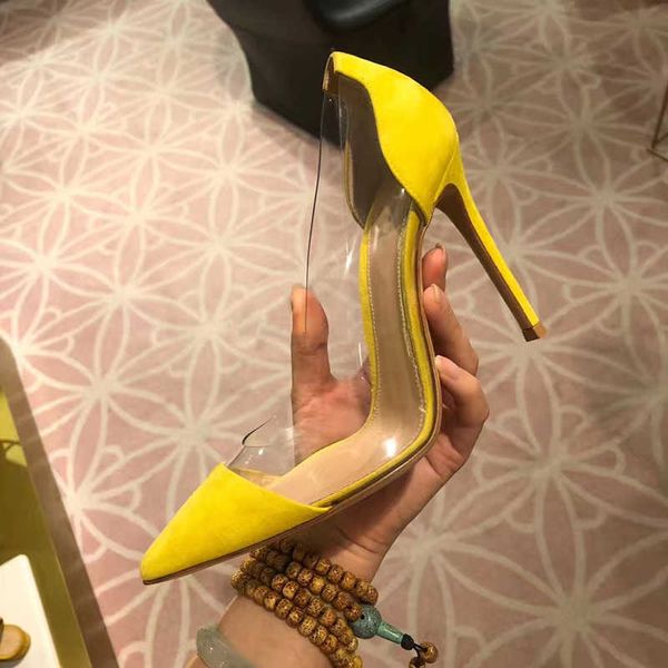 Ink Green Lemon Yellow Suede Pvc Patchwork Pumps Clear Patch Tacones altos Zapatos de boda Punta estrecha Zapatos de banquete 0316