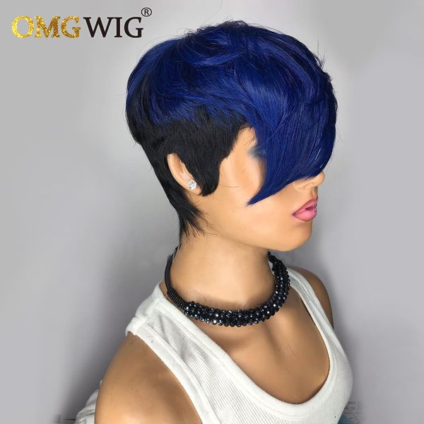 180density Ombre Blue Short Pixie Cut Bob Body Wave Human Hair Wigs Бразильские прямые кружевные парики для чернокожих