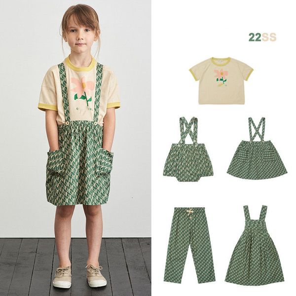 Kleidungssets Kleinkind Mädchen Kleidung Set Karamell Baby Strampler Mädchen Trägerkleid Kinder T-Shirts Grün Muster Junge Overalls Lose Hosen Sommer 230310