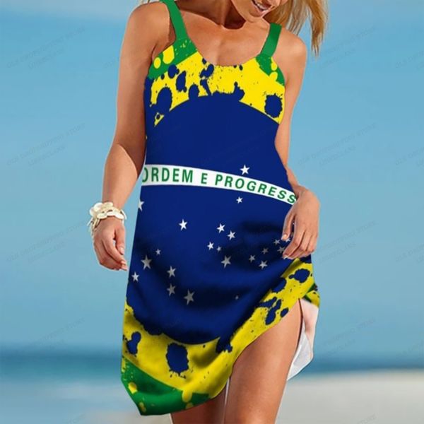 Abiti casual Brasile Flag Dress Women Fashion Bohemian Spaghetti Strap Abiti da sera da sera Sexy Boho Beach Dress Midi Sundress Casual allentato 230316