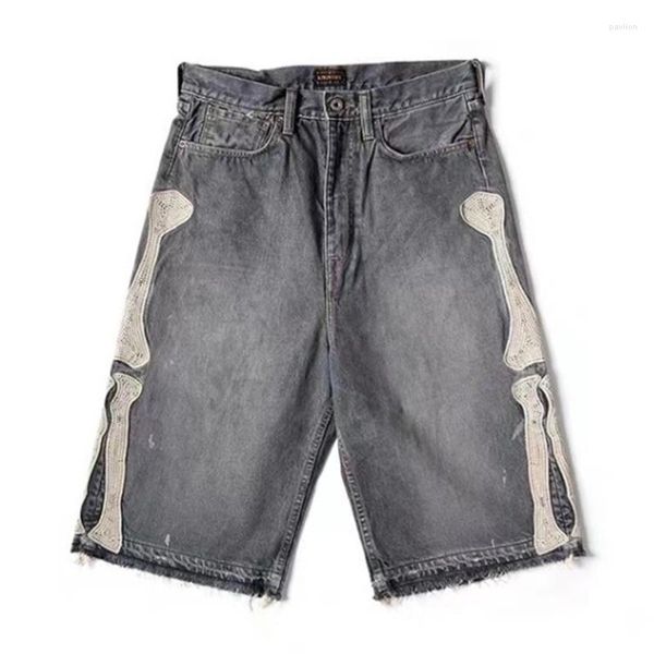 Мужские шорты KAPITAL 22SS с узором в виде костей, вышивка в стиле пэчворк, потертые повседневные укороченные джинсовые шорты для мужчин и женщин