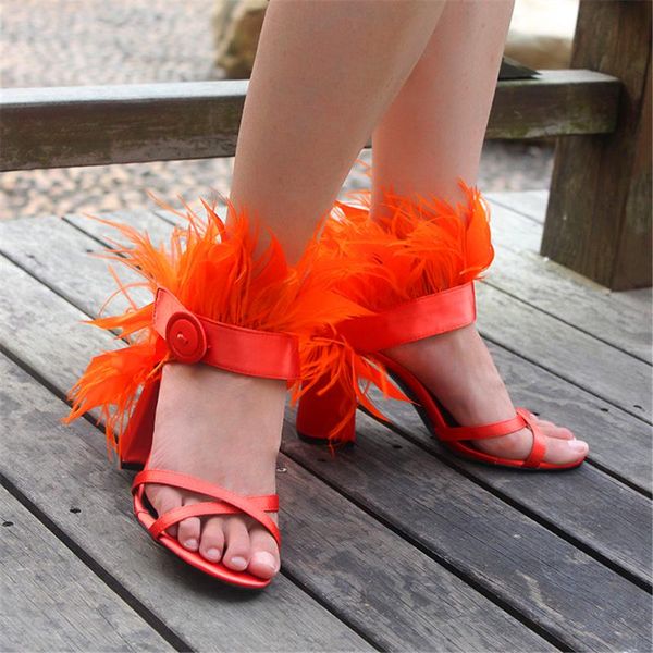 Sandali S Puffy Feather Party Shoes Donna Tacco alto Raso Occasione formale Ladies White Pink Wedding