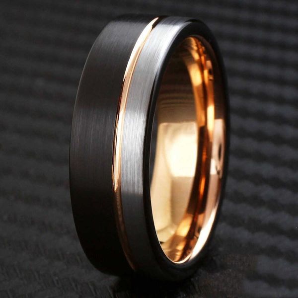Anéis de banda na moda 8 mm preto carboneto de tungstênio anéis de casamento para homens KOA incrustações de madeira fosca tricolor anéis de aço inoxidável homens alianças de casamento AA230315