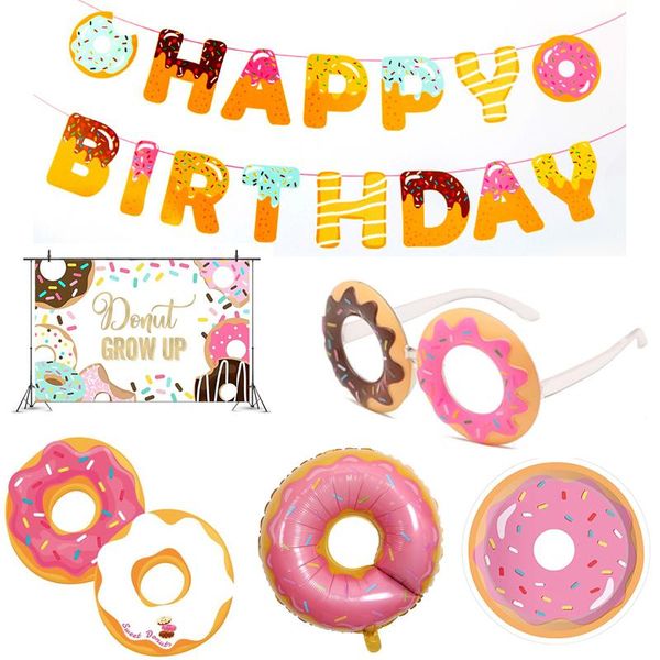 Party-Dekoration, Donut-Thema, alles Gute zum Geburtstag, Hintergrund-Layout für Kinder-Serie, Ballon-Banner